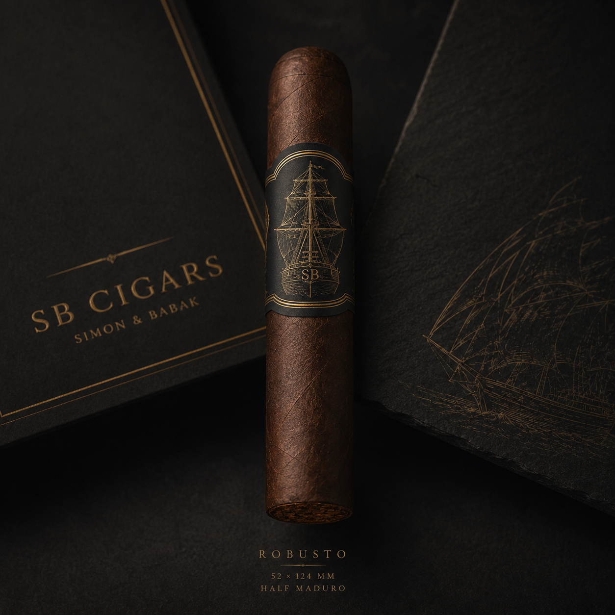 Robusto der Marke SB Cigars mit dunklem Deckblatt und goldener Banderole vor schwarzem Stein