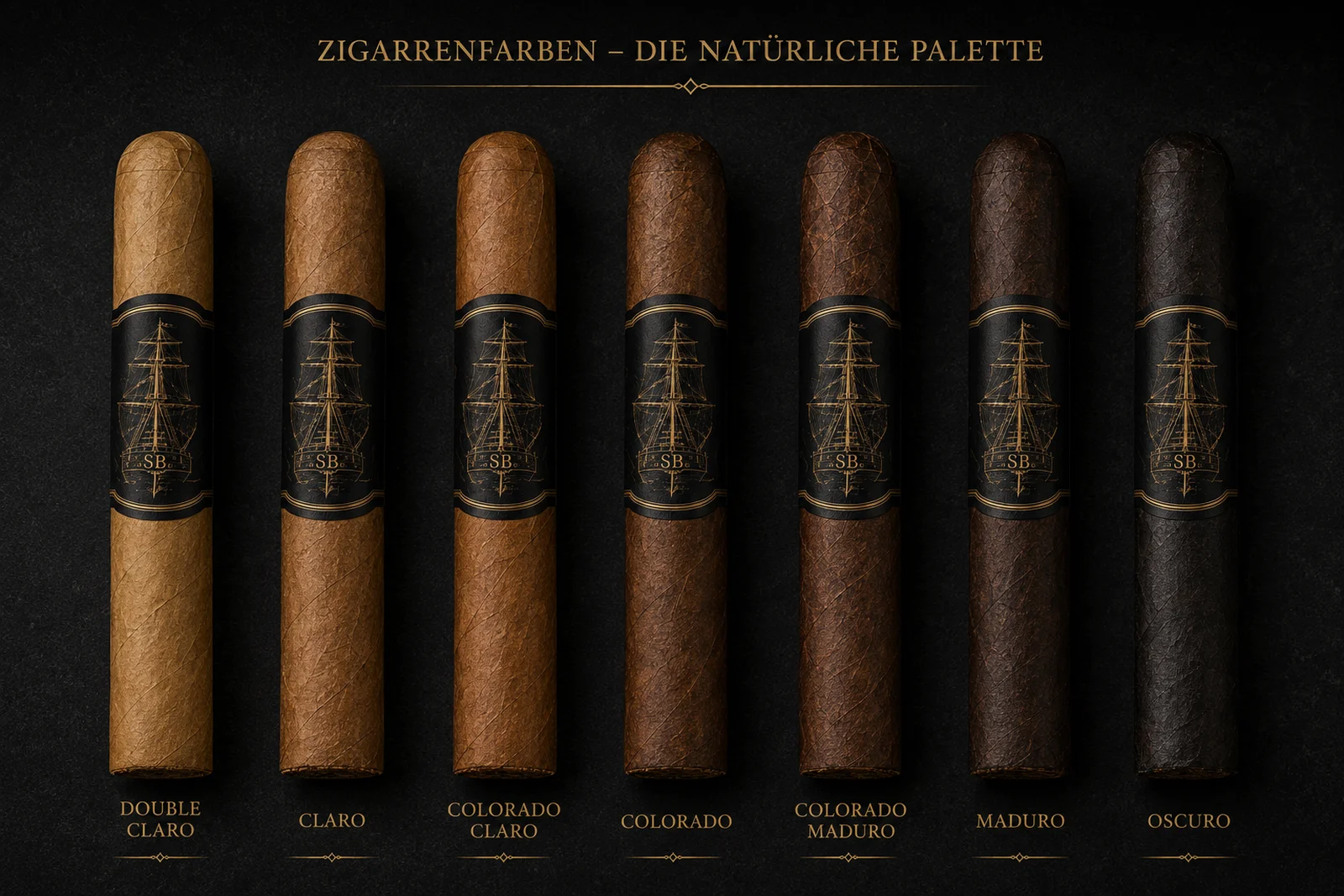 Sieben Zigarren nebeneinander in den Deckblattfarben Double Claro, Claro, Colorado Claro, Colorado, Colorado Maduro, Maduro und Oscuro, jeweils mit der SB-Cigars-Bauchbinde.