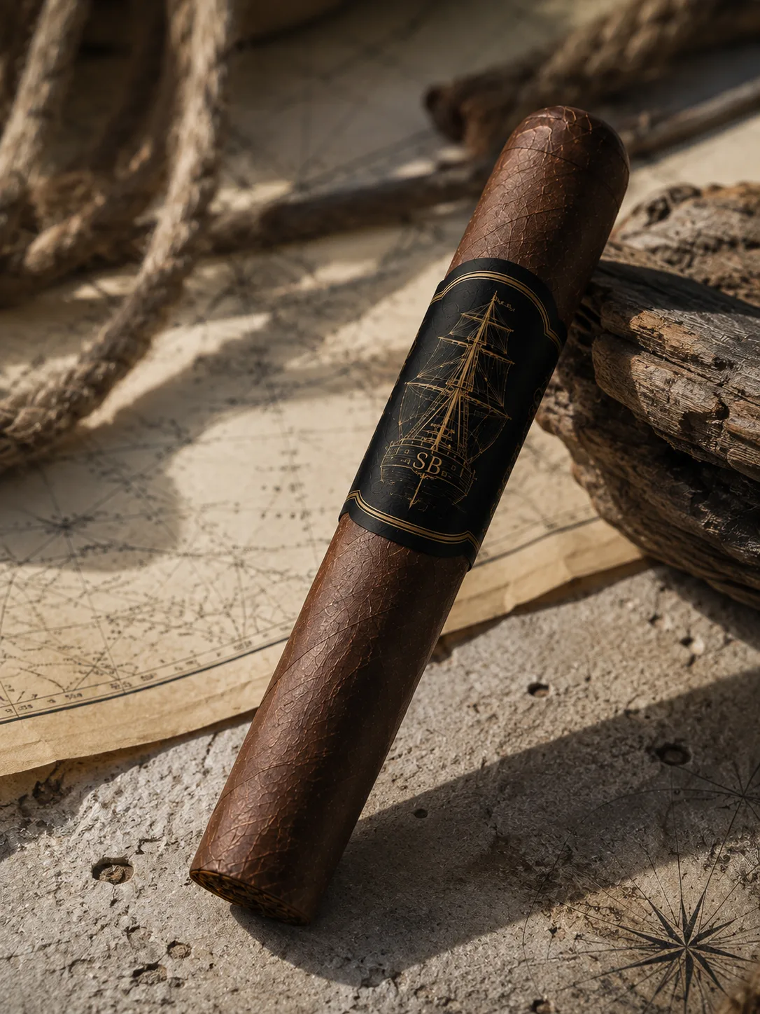 SB Robusto im Sonnenlicht auf einer alten Seekarte