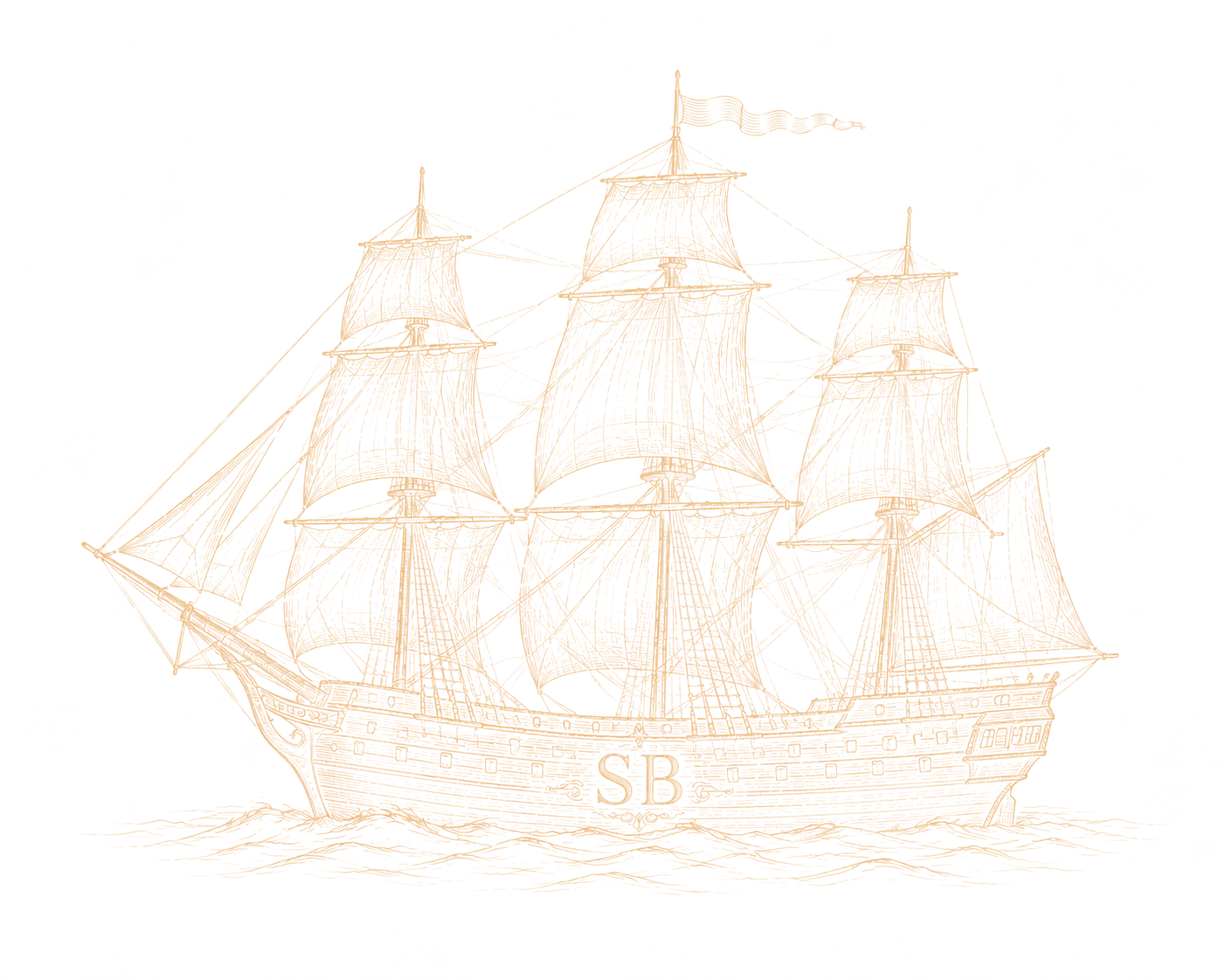 Segelschiff in Seitenansicht als feine Goldgravur auf anthrazitfarbenem Grund