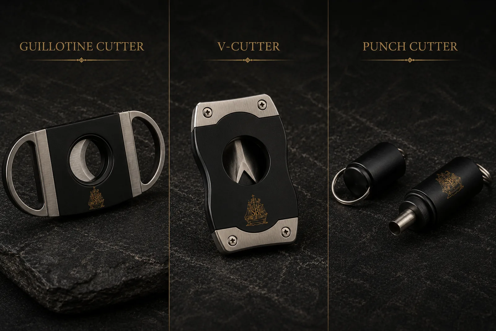 Drei Zigarrenschneider im Vergleich: Guillotine-Cutter, V-Cutter und Punch-Cutter mit SB-Cigars-Schiffgravur auf dunklem Stein.