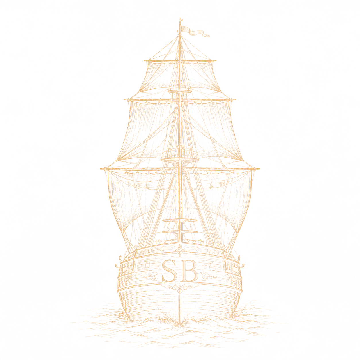 Segelschiff der Marke SB Cigars als feine Goldgravur, Rumpf mit dem Monogramm SB