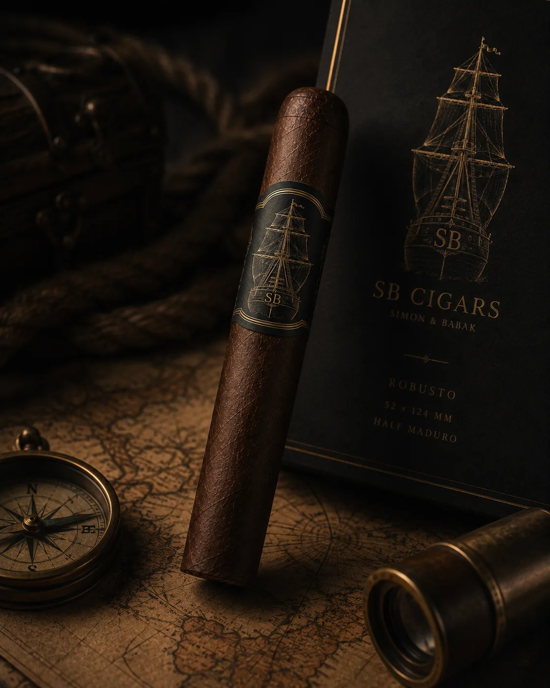 SB Robusto neben Kompass, Fernrohr und Seekarte, mit Maßangabe 52 × 124 mm